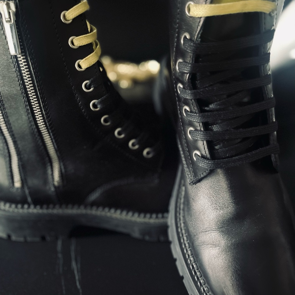 Zara Black Leather Combat Boots with Double Side Zipper